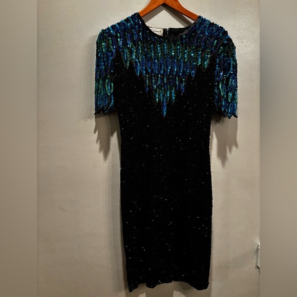 Vintage 100% silk beaded Elegant Black and Blue Sequin Dress stenay size 8 - Picture 15 of 16